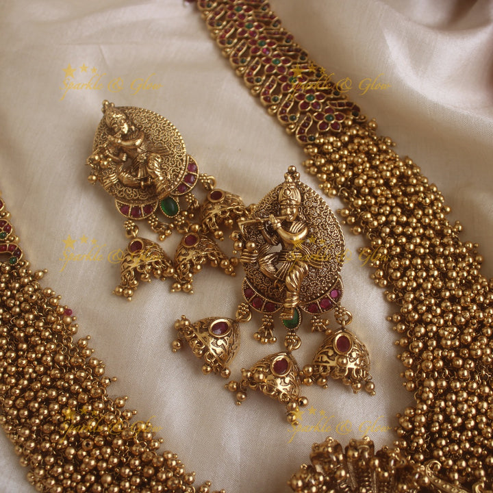Grand Krishna Playing flute Pendant Haram with gold beads