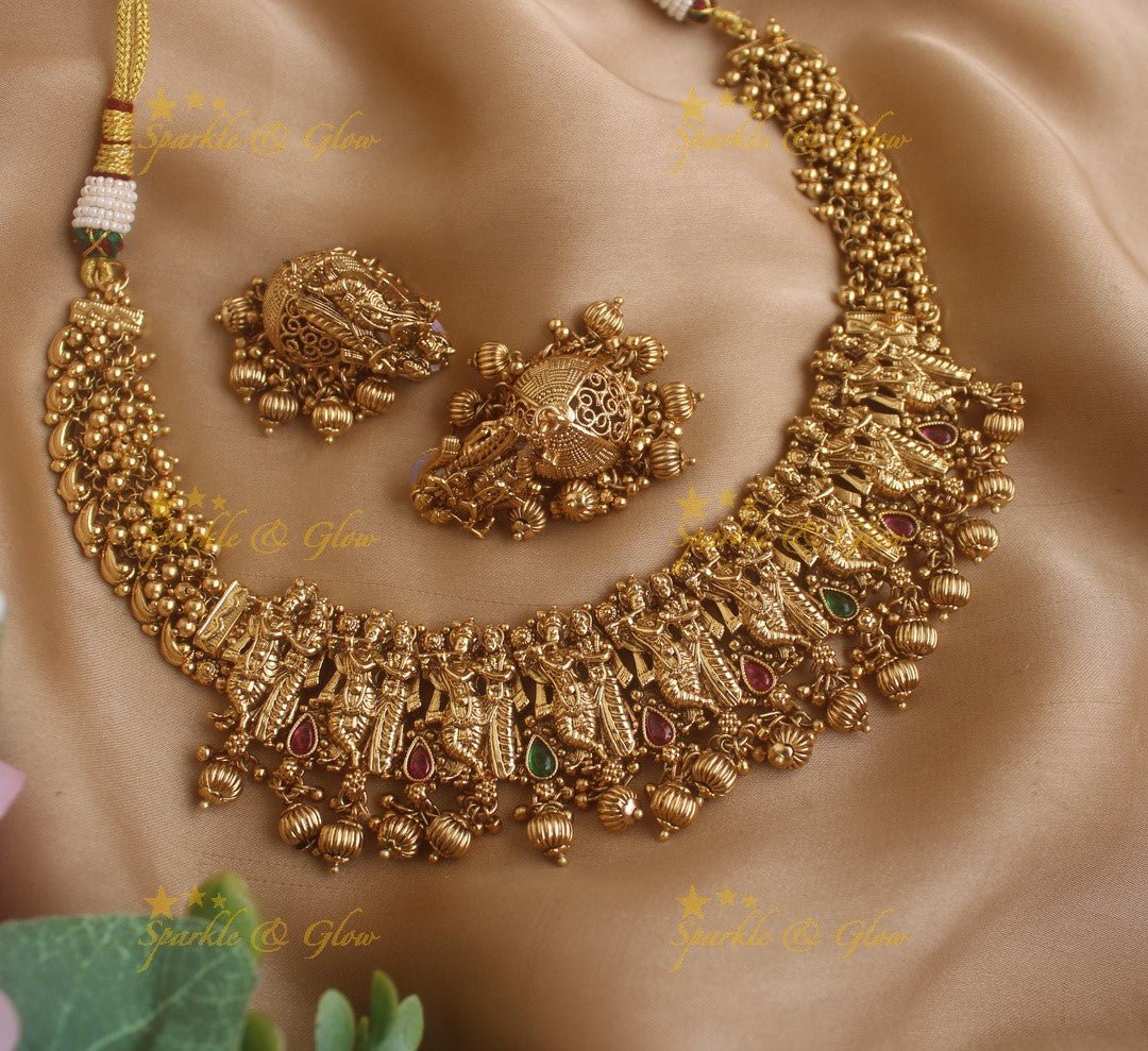 Elegant Radhakrishna carved pearl cluster short necklace - Sparkle and Glow - Gold - Back Thread