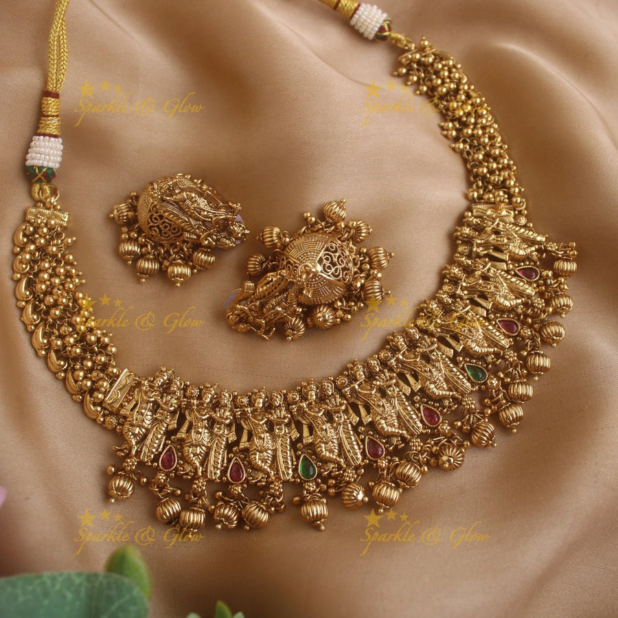 Elegant Radhakrishna carved pearl cluster short necklace - Sparkle and Glow - Gold - Back Thread