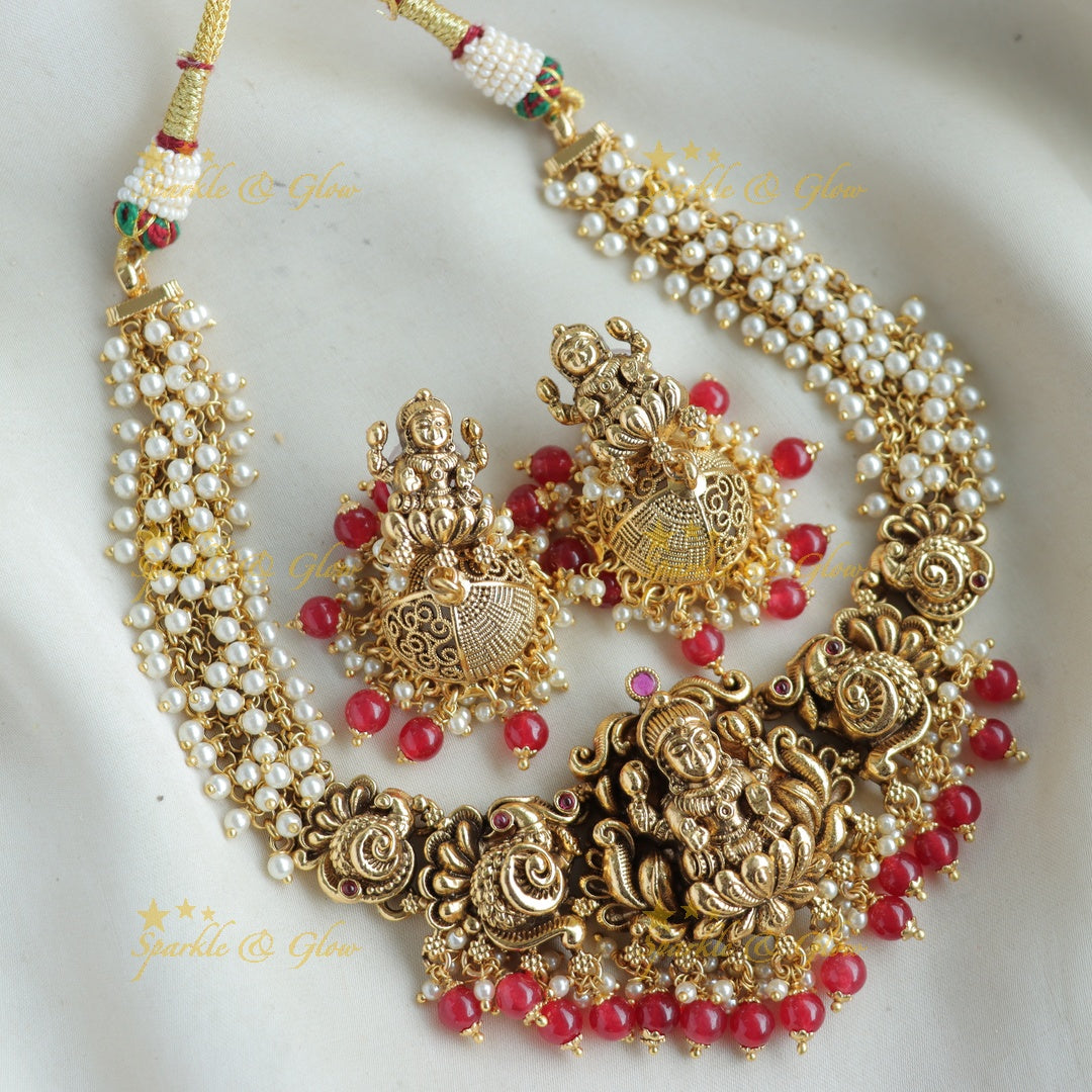 Stunning Lakshmi peacock carved Cluster pearl short necklace with gold beads