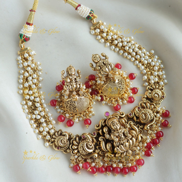 Stunning Lakshmi peacock carved Cluster pearl short necklace with gold beads