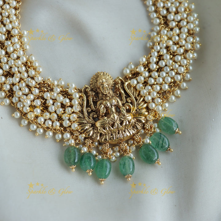 Elegant Lakshmi carved Cluster pearl short necklace with mint green beads