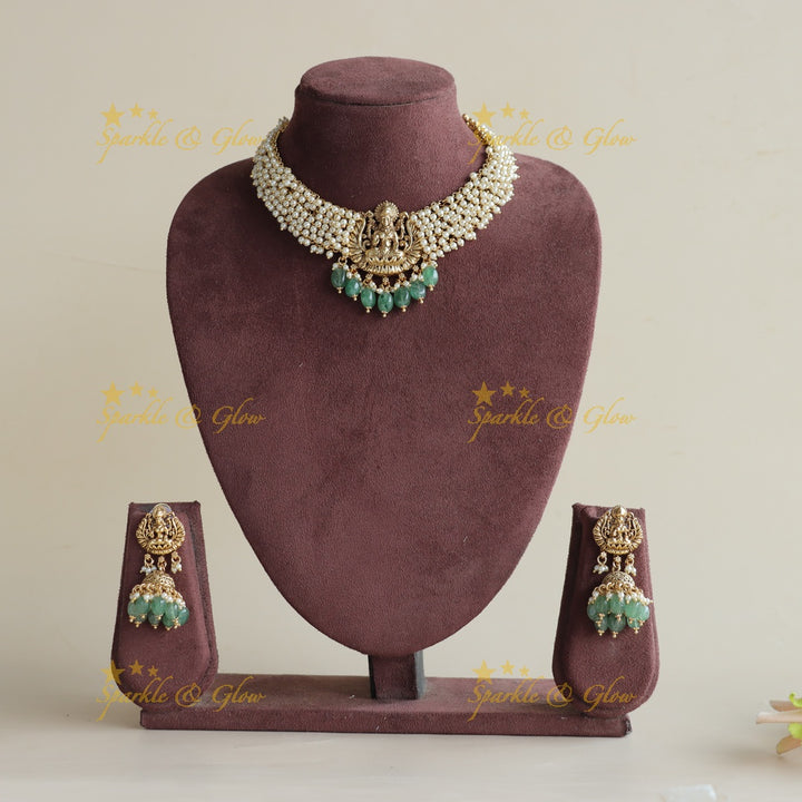 Elegant Lakshmi carved Cluster pearl short necklace with mint green beads