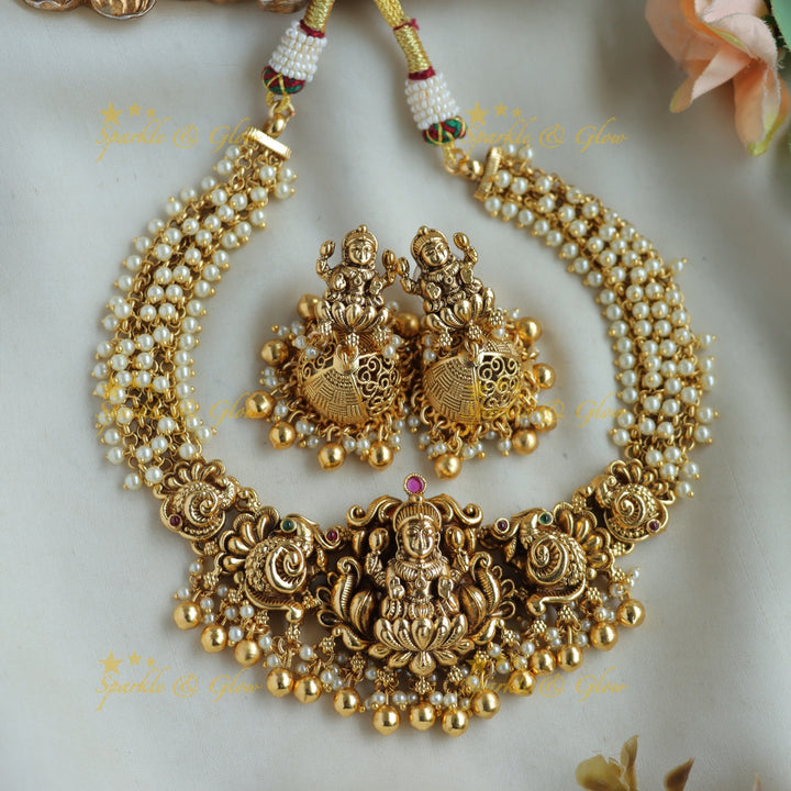 Stunning Lakshmi peacock carved Cluster pearl short necklace with gold beads