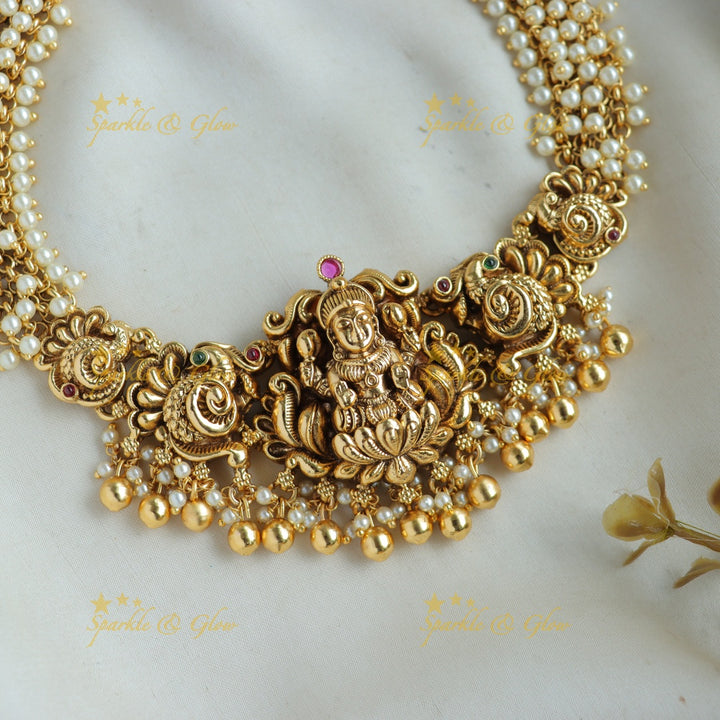 Stunning Lakshmi peacock carved Cluster pearl short necklace with gold beads