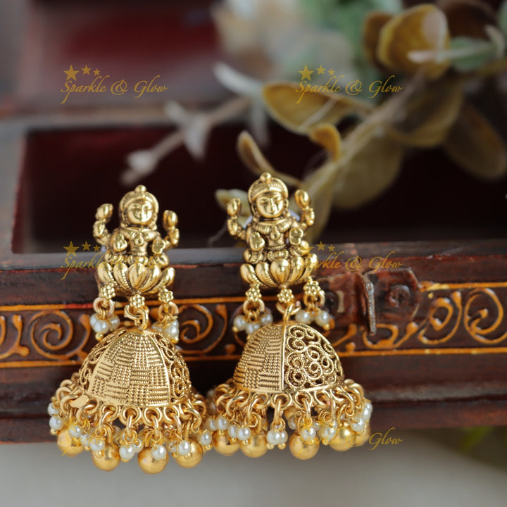 Stunning Lakshmi peacock carved Cluster pearl short necklace with gold beads