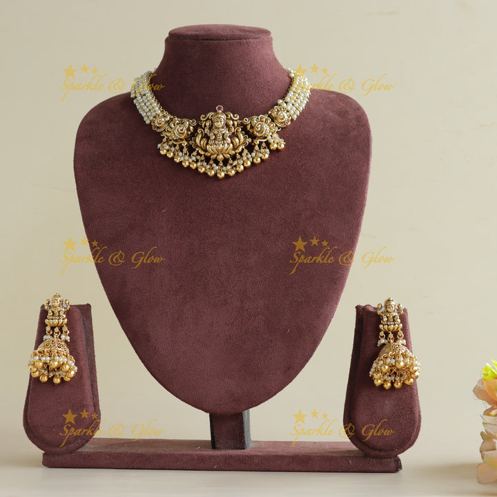 Stunning Lakshmi peacock carved Cluster pearl short necklace with gold beads