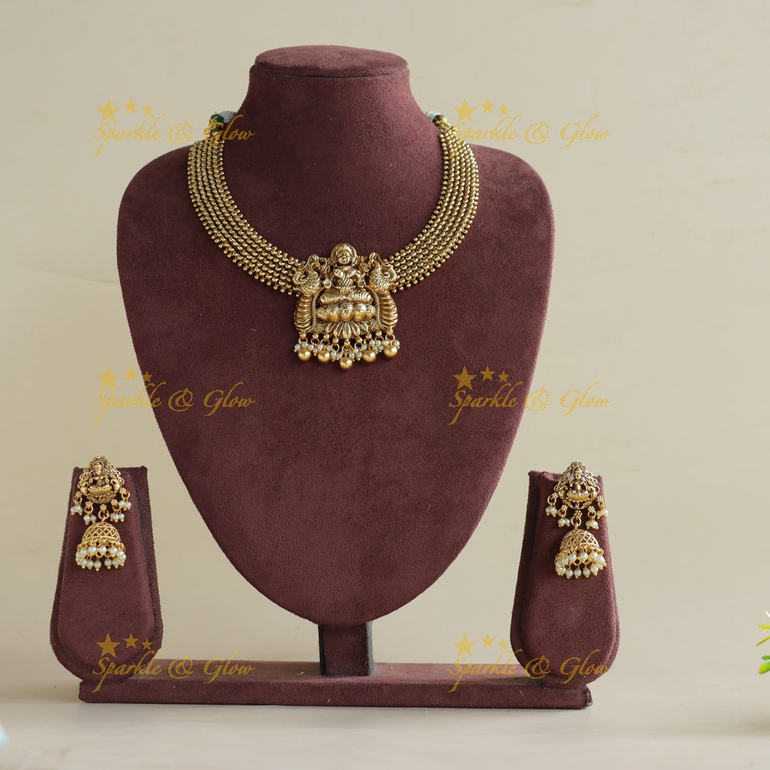 Statement Lakshmi peacock carved short necklace with gold beads