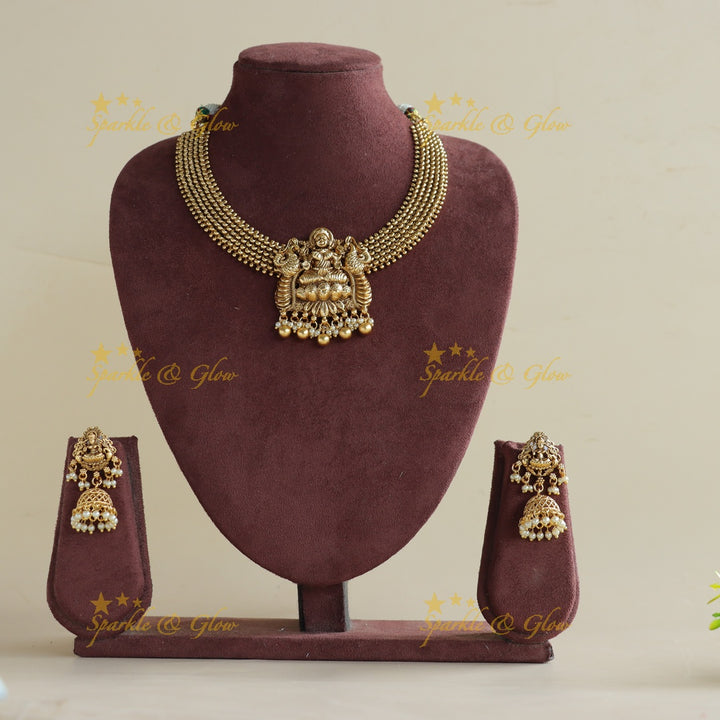 Statement Lakshmi peacock carved short necklace with gold beads