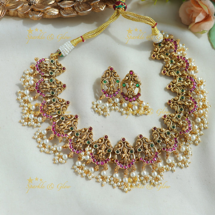 Stunning Lakshmi peacock moon gutta pusalu short necklace with ruby - pink