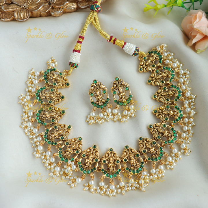 Stunning Lakshmi peacock moon gutta pusalu short necklace with ruby - pink