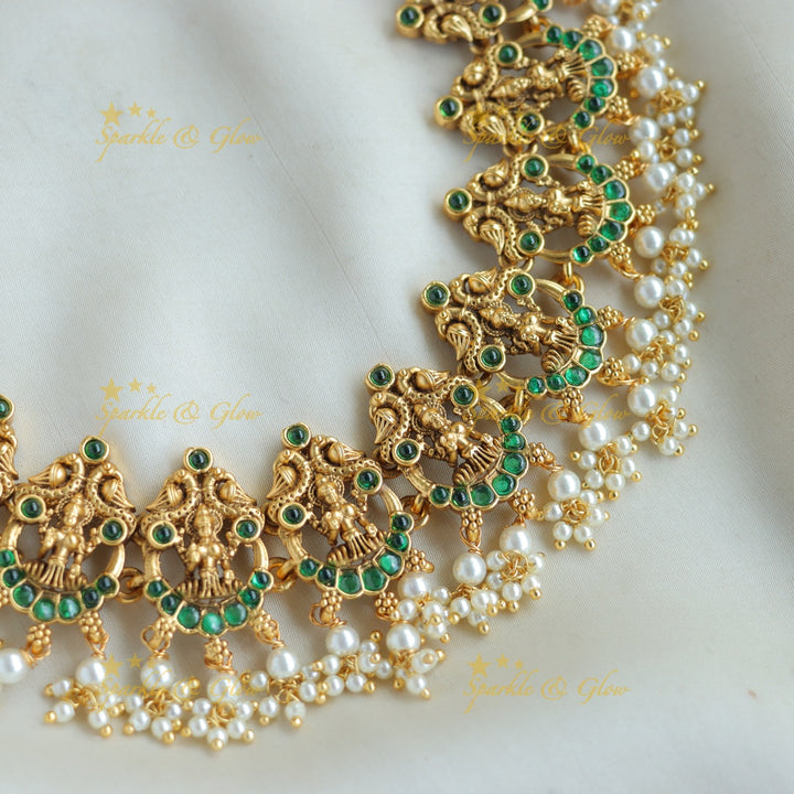 Stunning Lakshmi peacock moon gutta pusalu short necklace with emerald - green