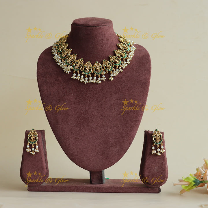Stunning Lakshmi peacock moon gutta pusalu short necklace with emerald - green
