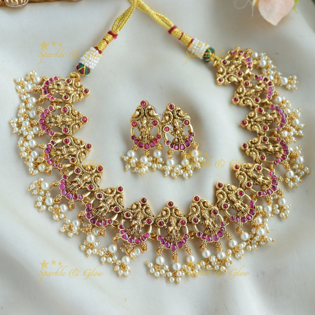 Stunning Lakshmi peacock moon gutta pusalu short necklace with ruby - pink
