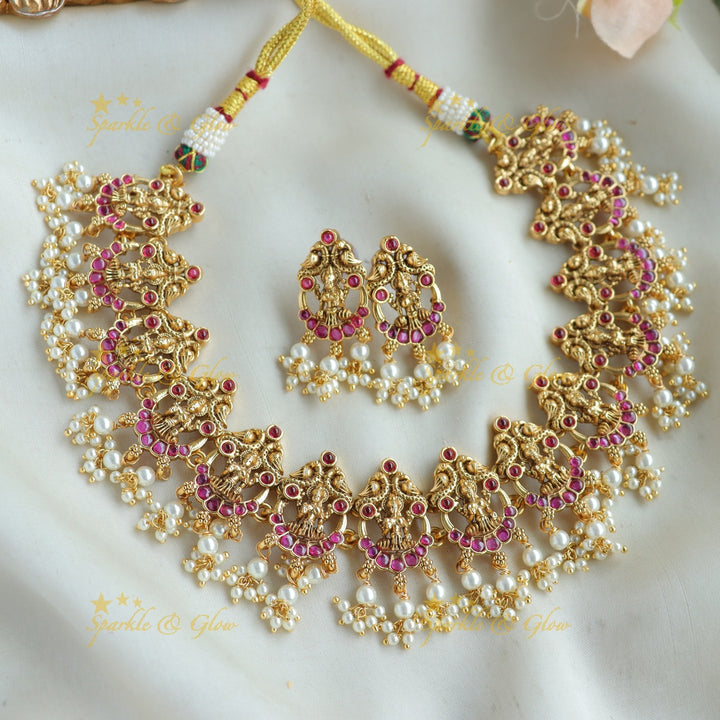 Stunning Lakshmi peacock moon gutta pusalu short necklace with ruby - pink