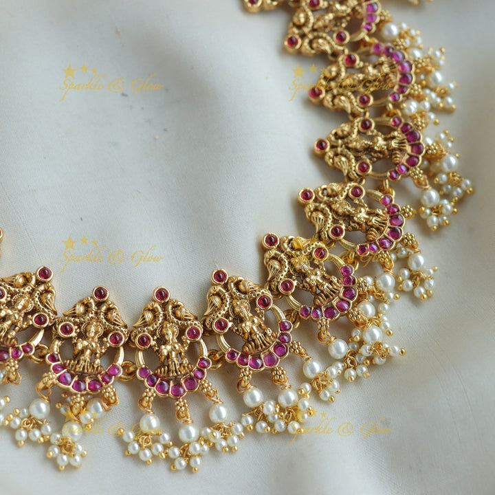 Stunning Lakshmi peacock moon gutta pusalu short necklace with ruby - pink