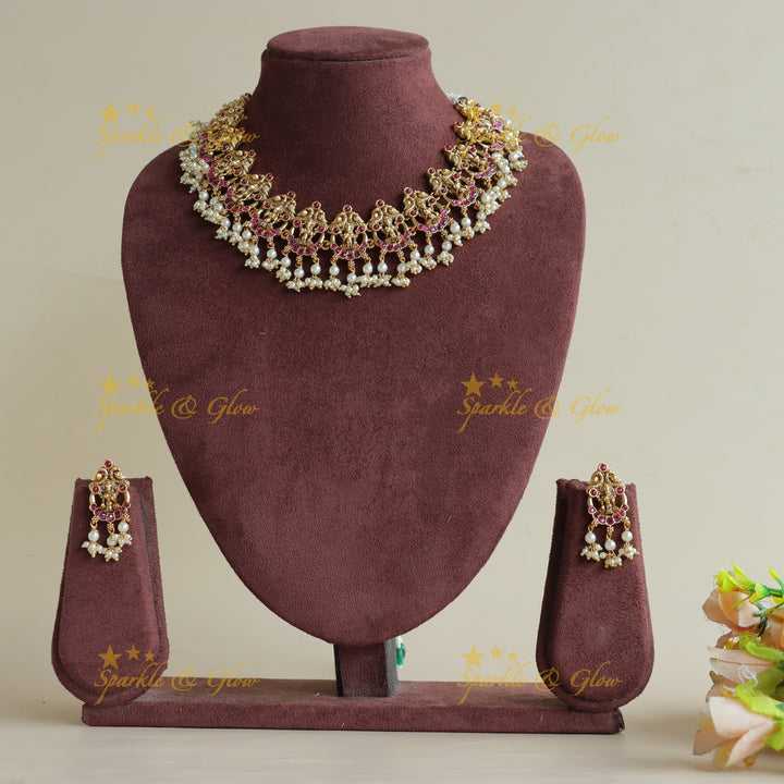 Stunning Lakshmi peacock moon gutta pusalu short necklace with ruby - pink