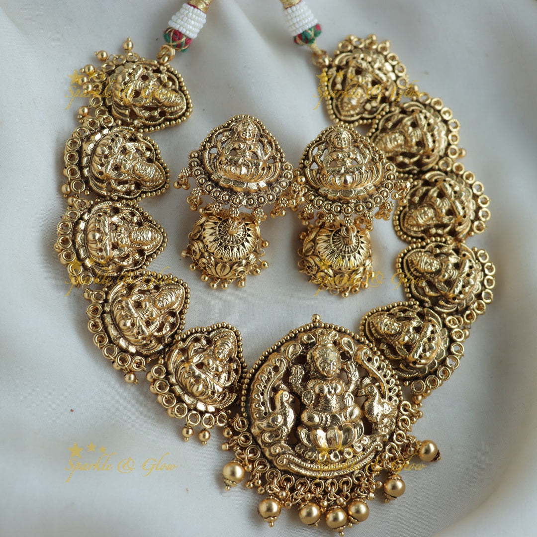Grand Gold alike Lakshmi peacock short necklace with gold beads