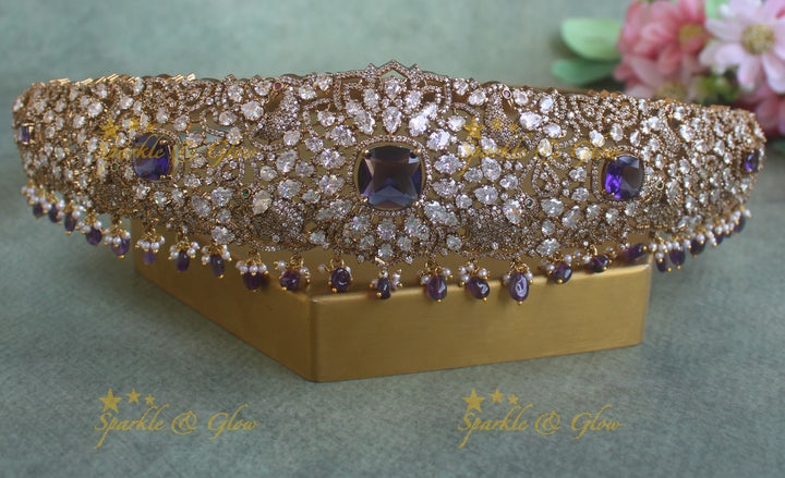 Elegant Peacock Floral Victorian AD Hipbelt with Purple beads