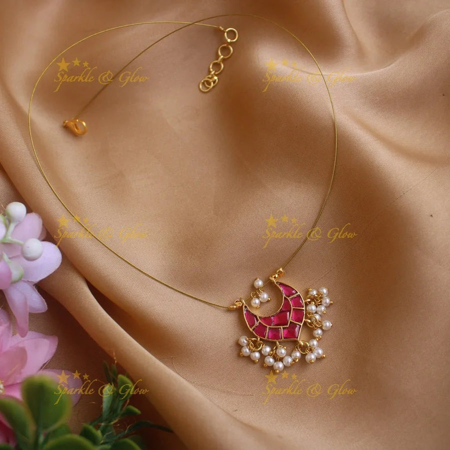 Gracious Half Moon Guttapusalu short necklace- Pink - Sparkle and Glow