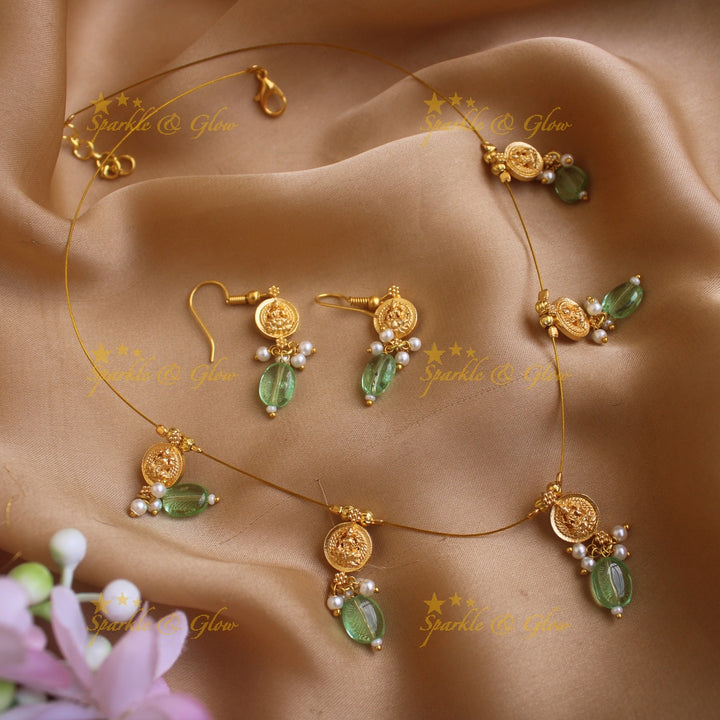 Beautiful Coin Lakshmi Short necklace with Mintgreen beads