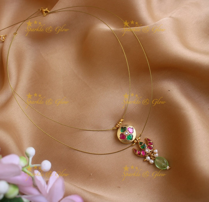 Sparkling Half moon floral design Two layer short necklace