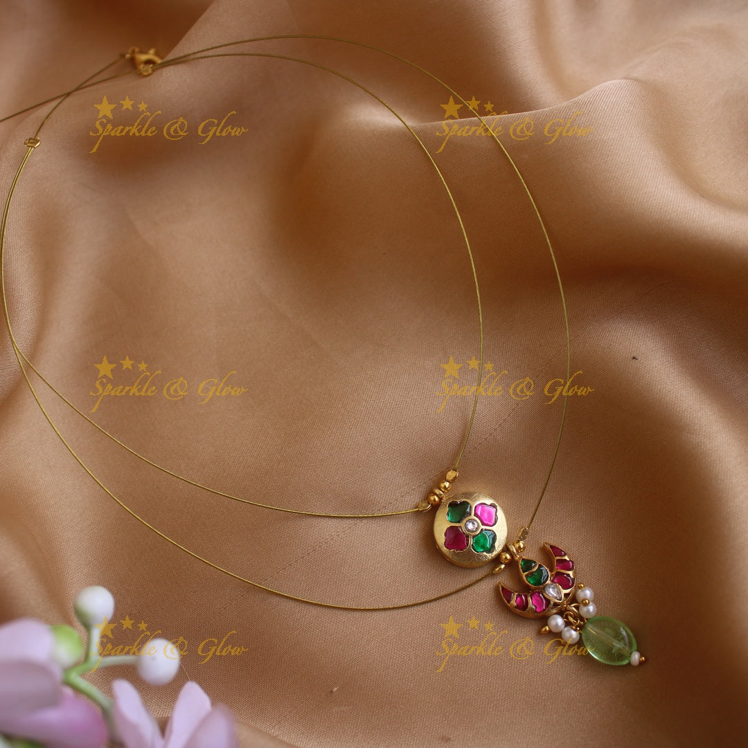 Sparkling Half moon floral design Two layer short necklace