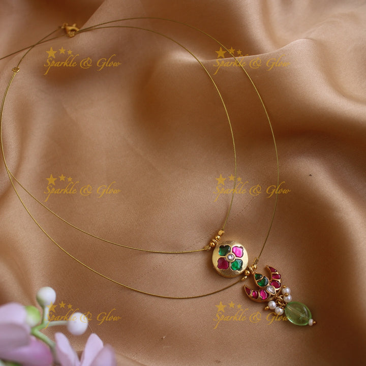 Sparkling Half moon floral design Two layer short necklace