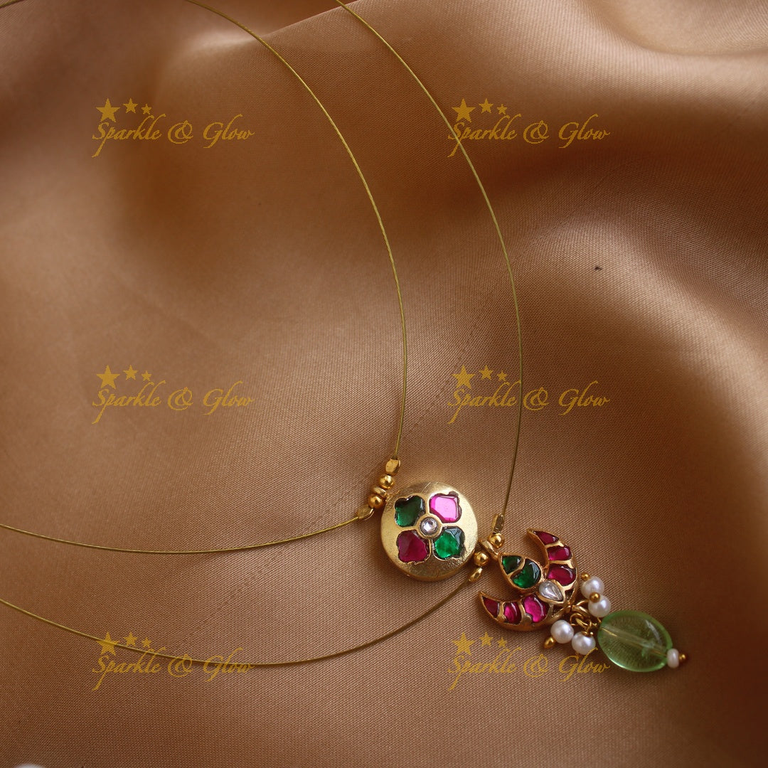 Sparkling Half moon floral design Two layer short necklace