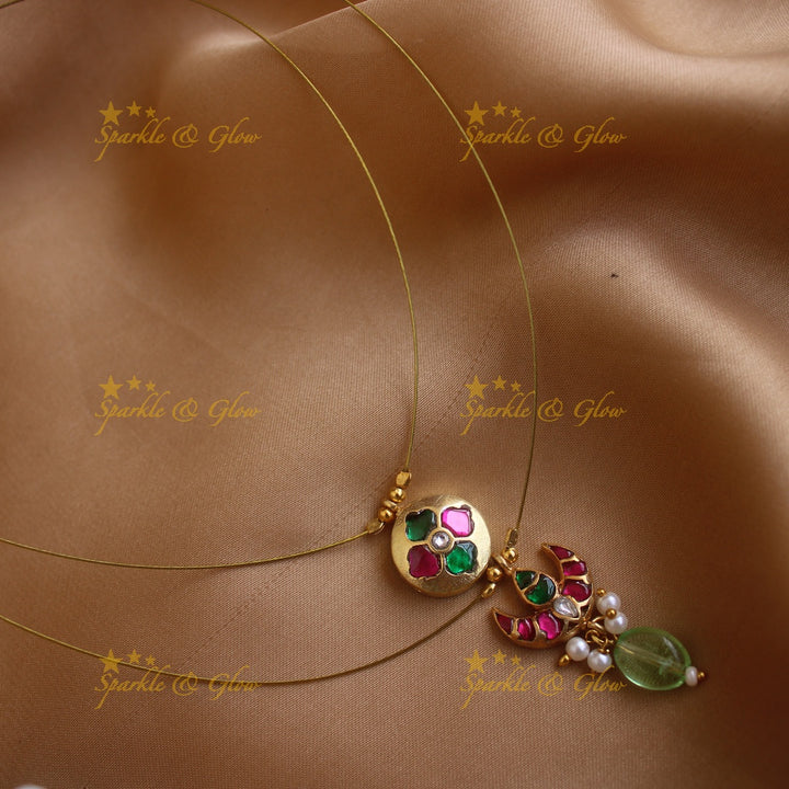 Sparkling Half moon floral design Two layer short necklace