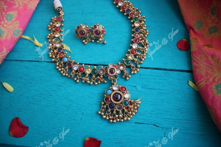 Beautiful gold alike polished kemp Adigai with Gold Drops - Kemp Blue - Sparkle and Glow