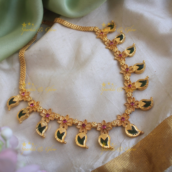 Statement mango green palakka kerala style short necklace with ruby stones and gold beads