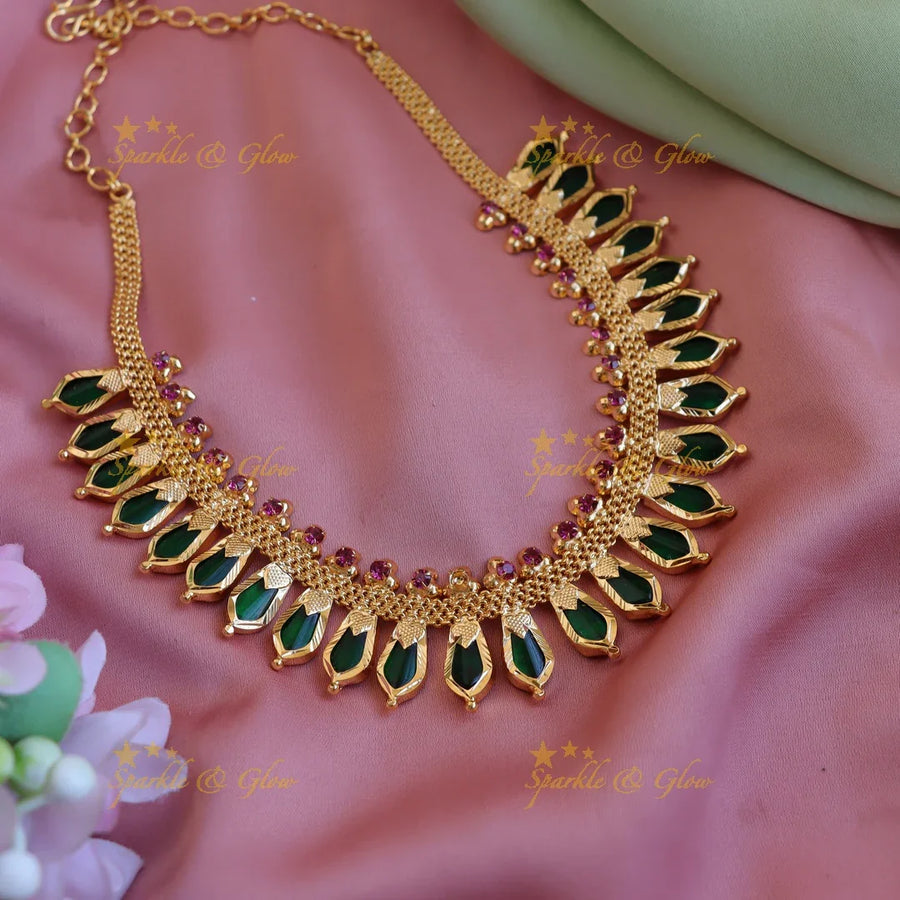 Elegant spike green palakka kerala style short necklace with ruby stones - Sparkle and Glow