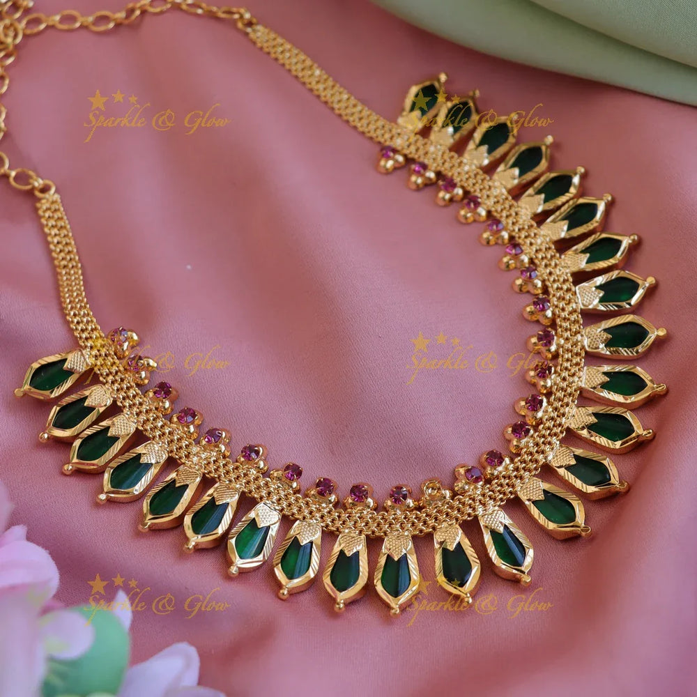 Elegant spike green palakka kerala style short necklace with ruby stones - Sparkle and Glow