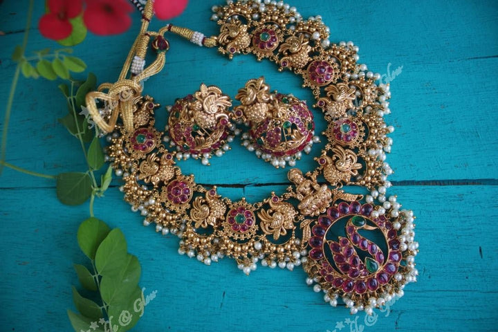 Gold alike polished kemp stones peacock and lakshmi carved gutta pusalu - Sparkle and Glow - Gold Kemp - Back Thread