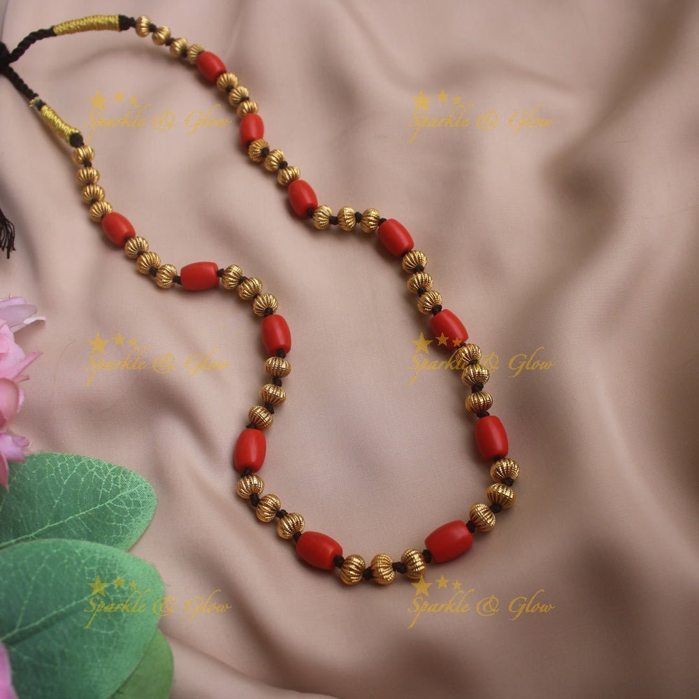 Beautiful Coral Gold beaded maala - Coral - Sparkle and Glow - Coral - Back Thread