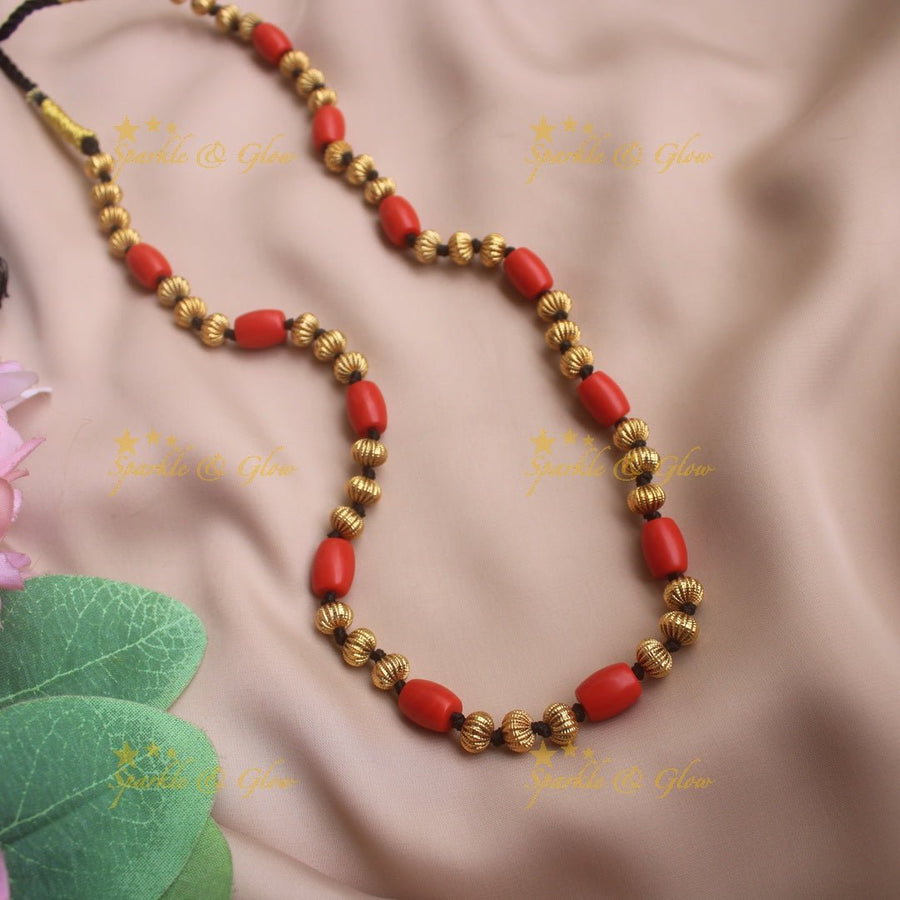 Beautiful Coral Gold beaded maala - Coral - Sparkle and Glow - Coral - Back Thread
