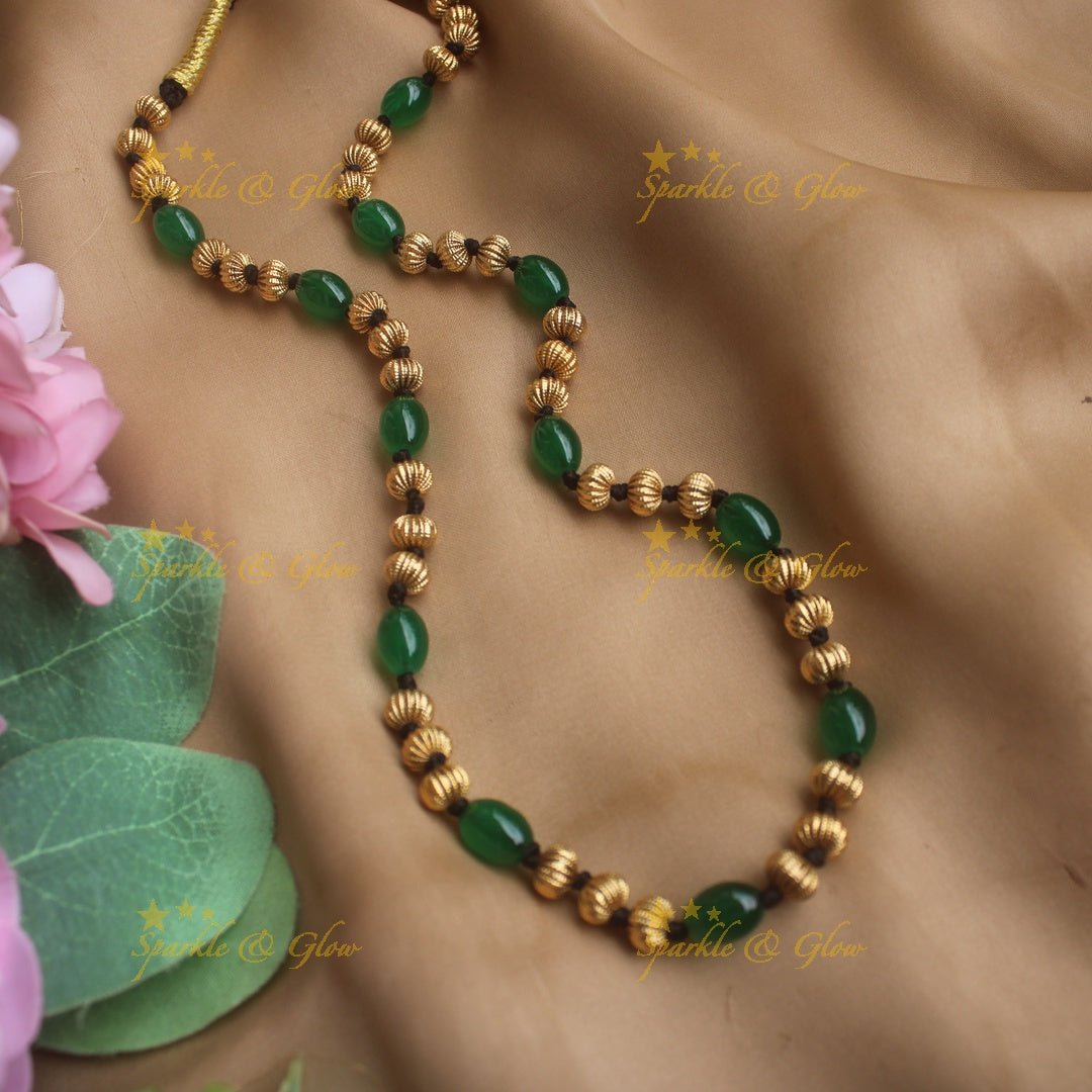 Beautiful Coral Gold beaded maala - Coral - Sparkle and Glow - Green - Back Thread