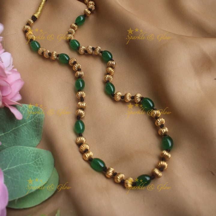 Beautiful Coral Gold beaded maala - Coral - Sparkle and Glow - Green - Back Thread