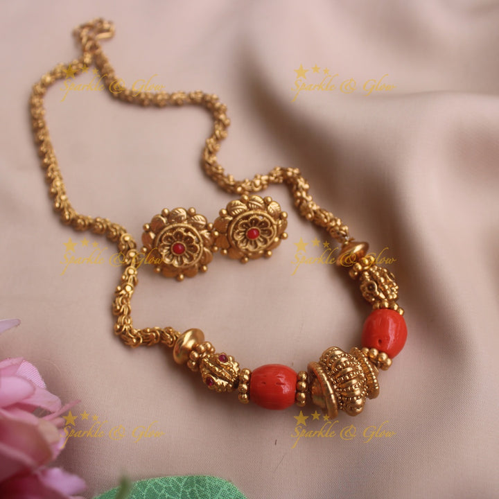 Beautiful Floral design Coral and gold beaded short necklace