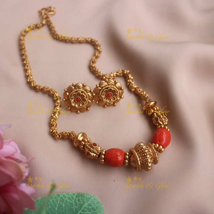 Beautiful Floral design Coral and gold beaded short necklace