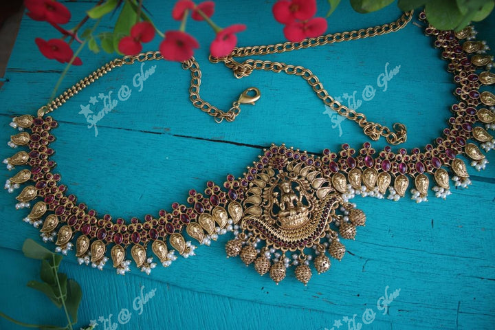 Premium quality antique polished Lakshmi hip chain with kemp stones