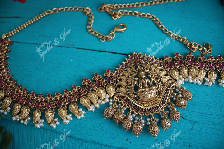 Premium quality antique polished Lakshmi hip chain with kemp stones