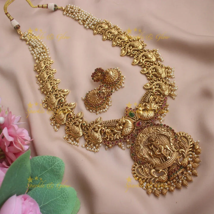 Grand Krishna Peacock carved Pearl cluster Haram with Gold beads - Sparkle and Glow