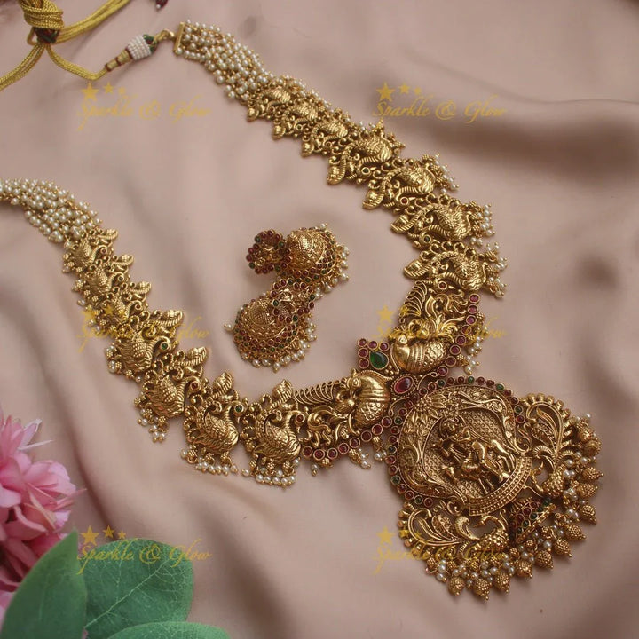 Grand Krishna Peacock carved Pearl cluster Haram with Gold beads - Sparkle and Glow