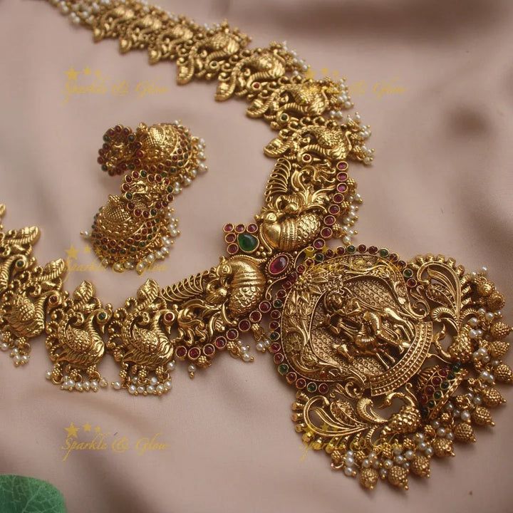 Grand Krishna Peacock carved Pearl cluster Haram with Gold beads - Sparkle and Glow