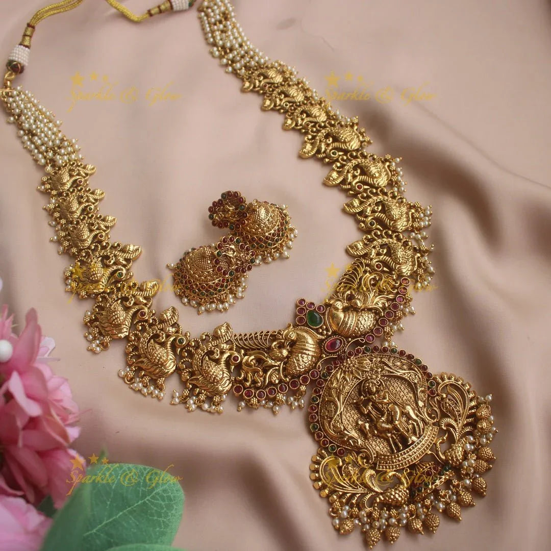 Grand Krishna Peacock carved Pearl cluster Haram with Gold beads - Sparkle and Glow
