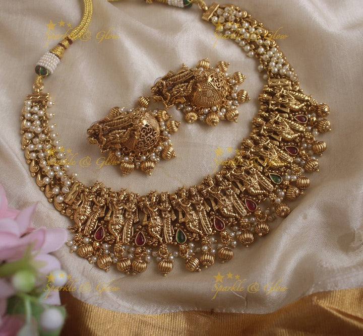 Elegant Radhakrishna carved pearl cluster short necklace - Sparkle and Glow - Pearl - Back Thread