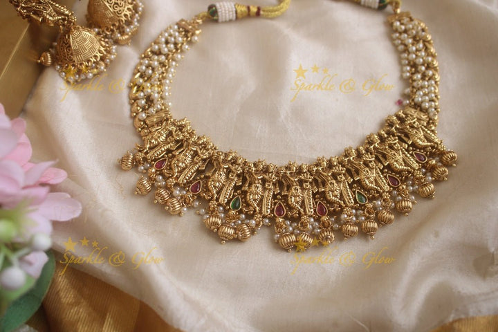 Elegant Radhakrishna carved pearl cluster short necklace - Sparkle and Glow - Pearl - Back Thread