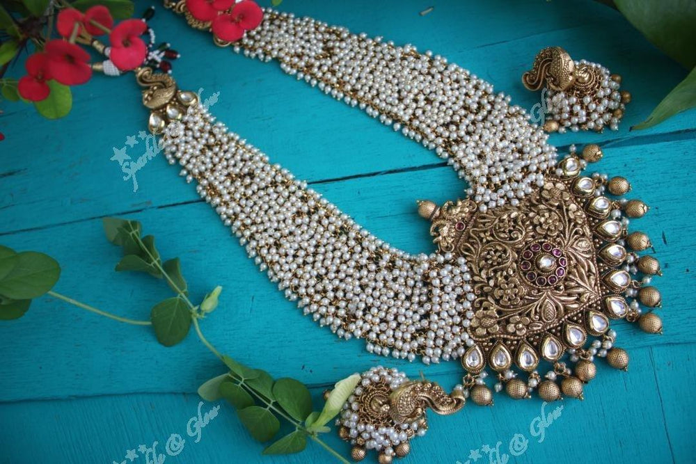 Premium gold alike polished gold cluster non idol kundan stones grand haram - Sparkle and Glow